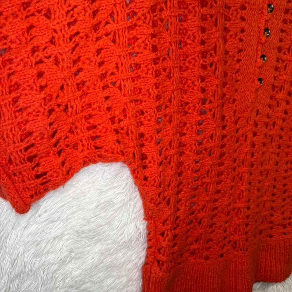 Free‎ People Orange Open Knit Hooded Sweater Wool Blend Henley Button Size Small - Picture 5 of 9